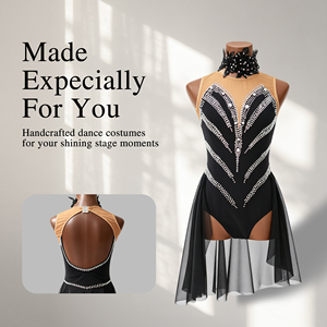 Robe lyrique noire pour femmes, motif en strass, jupe en maille, costume de danse jazz, tenue de scène pour compétition adulte - Product Image 1