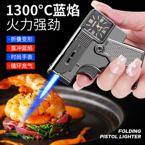 Encendedor Portátil Plegable con Reloj, Resistente al Viento, Llama Directa, Multifuncional, Regalo de Viaje, Negro, Dorado, Plateado - Product Image 4