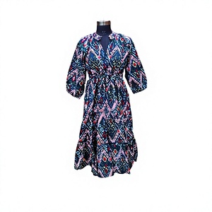 Robe midi vintage florale Himanshi 100% coton pur pour femmes, col en V, manches longues, tissu respirant, coupe ample confortable, été - Product Image 1
