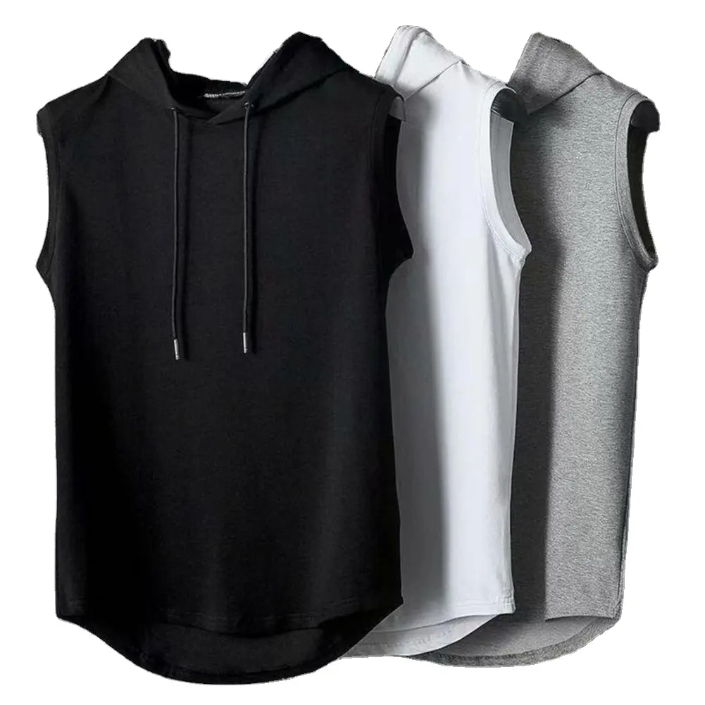 Men Muscle Hoodie Vest Sleeveless O-neck Pure Color All Match Breathable Summer T-shirt for Gym Workout Fitness