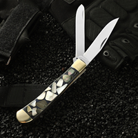 Couteau de poche pliant EDC à 2 lames pour l'extérieur, lames en acier 5Cr, couteau de survie pour le camping avec poignée en résine d'abalone et coupe-clous