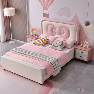 Lit d'enfant rose mignon en forme de nœud, mobilier de <span class=keywords><strong>chambre</strong></span> moderne, lit de princesse en cuir souple pour filles, ensemble de lit d'enfant de haute qualité - Product Image 6