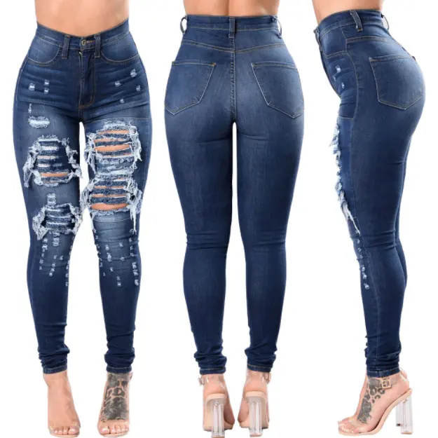 Women's Jeans Fashion Hip Hop Broken Holes Denim Jeans High Waist Ripped Pencil Pants Jeans