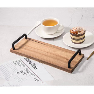 Acacia Wood <b>Tray</b> With Metal Handle Solid Wood Serving <b>Tray</b> For Cake Fruit Afternoon <b>Tea</b> Residential Use - Product Image 2