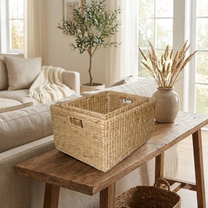 Handwoven Water Hyacinth <b>Rectangular</b> <b>Storage</b> <b>Basket</b> Set Closet Shelf Clothing <b>Storage</b> Box Bin with Cutout Handles - Product Image 1