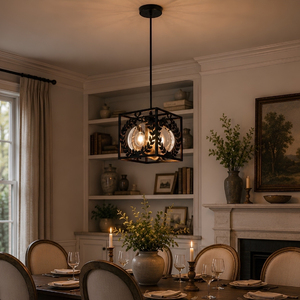 Luminaire suspendu unique en métal noir, forme carrée, avec découpe symétrique en feuille de laurier, style Elysian - Product Image 2