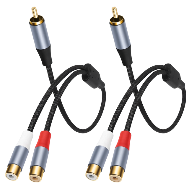 Braided Jacket Shielded RCA Splitter Subwoofer Stereo Audio Video Cable 1 Male 2 Female Y Adapter 24k Gold Plated (2
