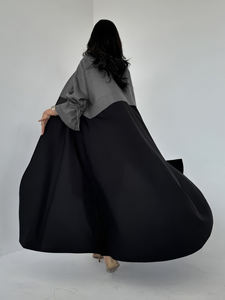 <b>Black</b> & Grey Color Block Open Front Abaya Loose Flounce Sleeve Modest <b>Robe</b> Casual Islamic ODM 100% Polyester for Daily Ramadan - Product Image 3