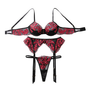 Ensemble de lingerie trois pièces sexy style rétro avec broderie artisanale contrastante et soutien-gorge push-up - Product Image 6