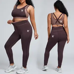 Plus Size Cross Back Logo Bh En Hoge Taille Contrasterende Kleur Leggings Yoga Set