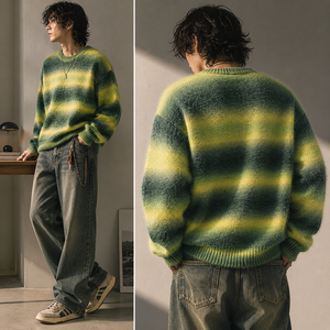 <span class=keywords><strong>Pull</strong></span> en mohair rayé 7GG pour homme, col rond brossé et duveteux, coupe ample, style grunge streetwear, vêtement tricoté rétro - Product Image 5