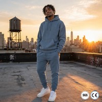 Set Hoodie Jogger Oversize Musim Dingin 380GSM Katun Enzyme Wash Pria OEM Streetwear Biru Slate Solid 2-Piece Suit MOQ50