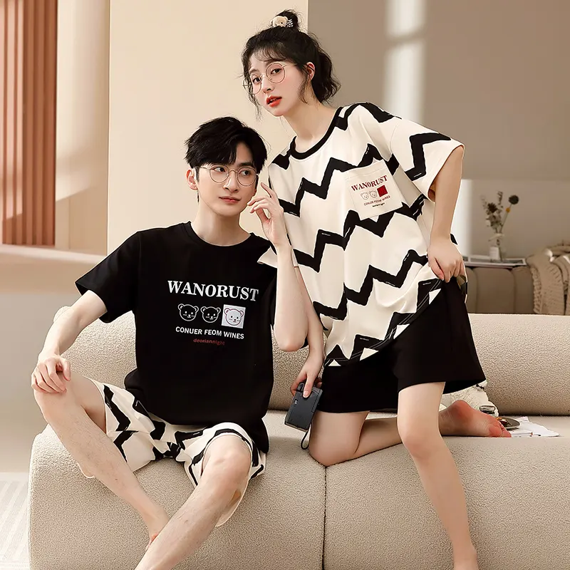 Wholesale cotton short sleeve sleepwear lovers Leisure 2pcs homewear set Summer pajamas for couple