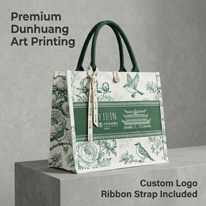 Sac fourre-tout en toile imprimé ethnique rétro, sac à main souvenir de musée d'<span class=keywords><strong>art</strong></span> avec logo personnalisé, sac de shopping confortable à poignée ronde et ruban - Product Image 1