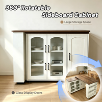 Buffet Rotatif Moderne Style Ferme Blanche avec Portes Vitrées et Étagères Ajustables pour Salle à Manger, Salon et Cuisine