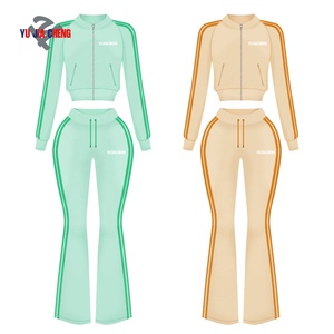 벨루어 지퍼 재킷과 플레어 팬츠 여성 맞춤형 투피스 벨벳 슈트 핑크 트랙슈트 스트라이프 키 큰 여성용 세트 - Product Image 4