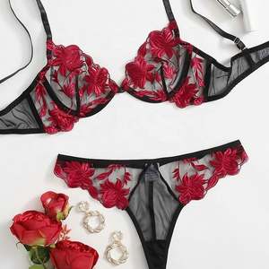 X1798 بيع بالجملة مثير طقم حمالة صدر من قطعتين جي سترينغ ملابس داخلية نسائية مثيرة دانتيل شفاف تطريز ملابس داخلية نسائية - Product Image 1