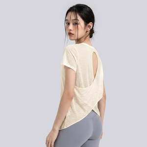 เสื้อยืดโยคะผู้หญิงแบบขายส่ง คอกลม แขนสั้น ตัดหลัง ทรงครอป ผ้าบาง แห้งเร็ว เหมาะสำหรับออกกำลังกาย พิลาทิส - Product Image 3