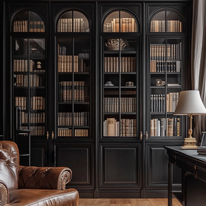 Librería de Madera Maciza Negra, Librería Personalizada para Toda la Casa, para Salas de Estar de Villas, Puerta de Vidrio Arqueada de Madera Maciza Ecológica - Product Image 2