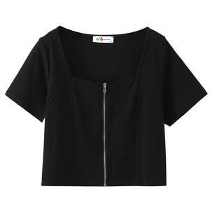 Cárdigan de Verano para Mujer Talla Grande, Negro, Cintura Alta, Manga Corta, con Cierre, N8069, Color Sólido, Popelina de Algodón - Product Image 4