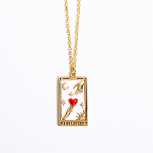 Collana di tarocchi retrò da donna placcato in oro con ciondolo quadrato Sun Moon Love World clavicola catena geometrica zircone in pietra ottone realizzato - Product Image 5