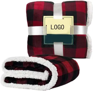 Warm eco-friendly Custom print Red black plaid flannel sherpa blanket fluffy printed plush flannel fleece blankets for winter