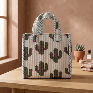 Bolso Tote de Algodón Acolchado con Estampado de Cactus de Veer Handicrafts, Asas a Rayas, Cierre de Cremallera, Bolso de Compras de Moda para Mujer, para Playa y Viajes - Product Image 5