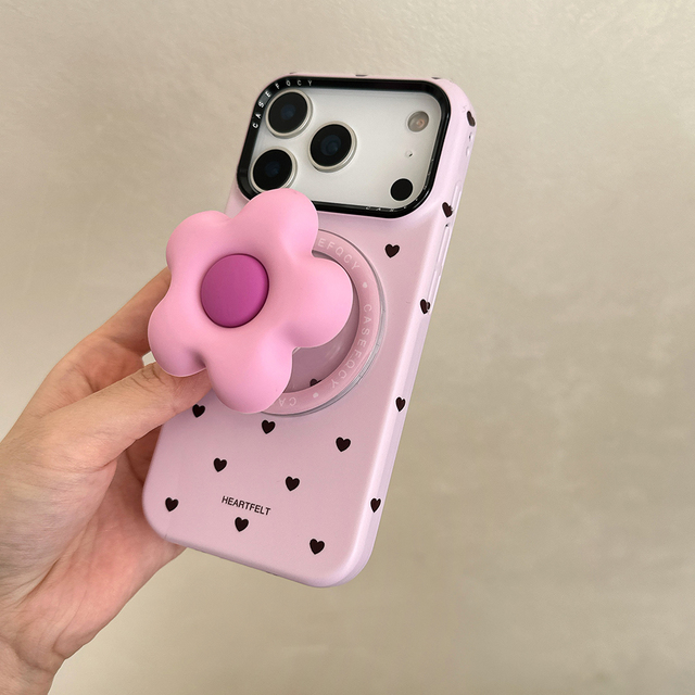 3D Flower Cute Heart Magnetic Holder Phone Case for iPhone 18 17 16 15 14 13 Pro Max Wireless Charge Bracket Lovely Cover