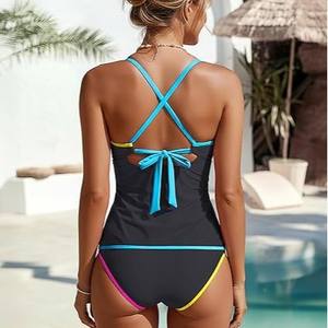 <span class=keywords><strong>Maillot</strong></span> <span class=keywords><strong>de</strong></span> <span class=keywords><strong>bain</strong></span> tankini 2026 transfrontalier très populaire, uni, bicolore, conservateur, taille haute, très élastique, avec débardeur à col en V - Product Image 2