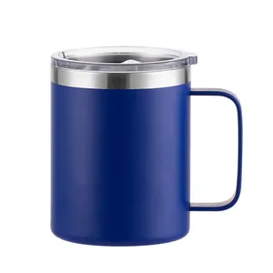 Tazza da campeggio da 12 once con coperchio, tazza da caffè in acciaio inossidabile a doppia parete, bicchiere termico da viaggio riutilizzabile, blu Navy