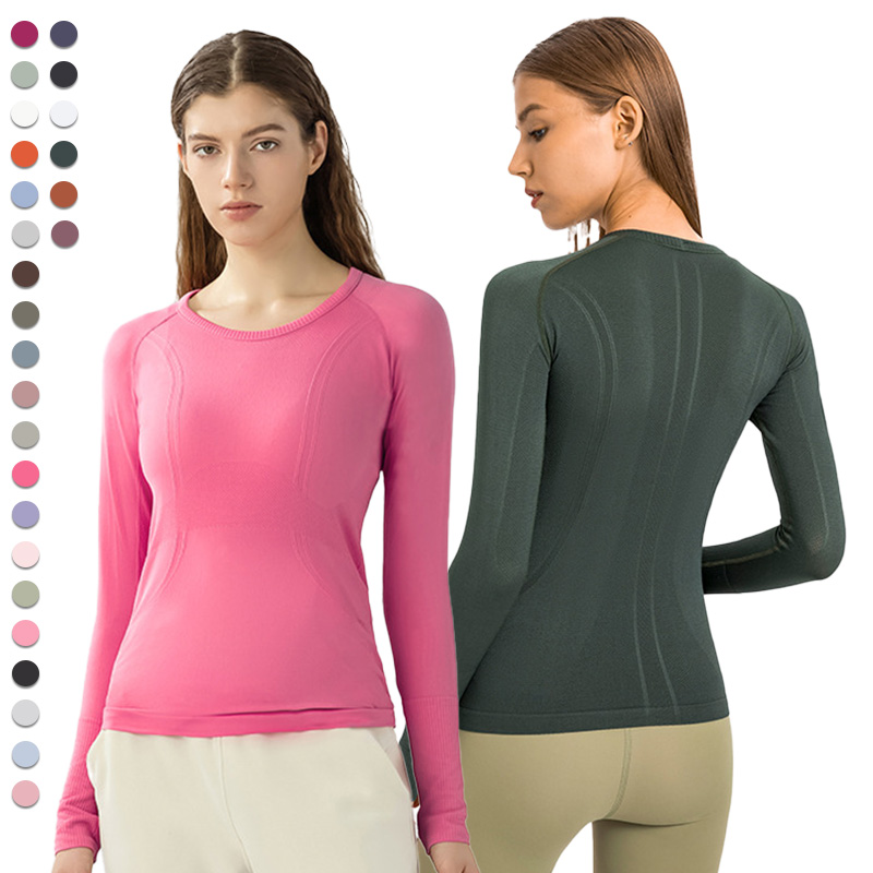 D19083 Seamless Long Sleeve Slim Fit Yoga Top Jacquard Breathable Basic Crew Neck Pullover Fitness T-shirts