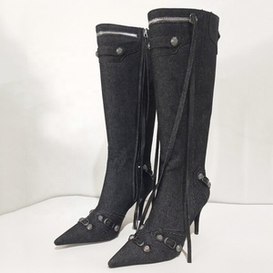 Women Denim <b>Knee</b> <b>High</b> Boots Metal Decor Thin Heels Long Booties <b>High</b>-Heeled Ladies Blue Stiletto Pumps Shoes - Product Image 3