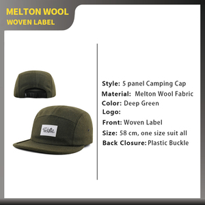 Casquette en laine méltone à 5 panneaux, visière plate, étiquette tissée personnalisable, couleur unie, non structurée, pour la course, personnalisation en gros - Product Image 2