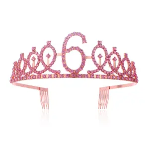 Birthday Party Hair Photography Hair Accessories for Girl 4 to 16 Years Old Age Pink Crown Headband Crystal Hair Decor