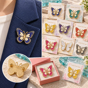 Broches personnalisées en émail papillon coloré, badges en métal doré, broches de revers en nacre, vente en gros OEM ODM - Product Image 3