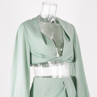 Ensemble deux pièces sexy pour club, haut court à col en V et jupe fendue, couleur unie, en satin, manches longues, pour femme, collection automne