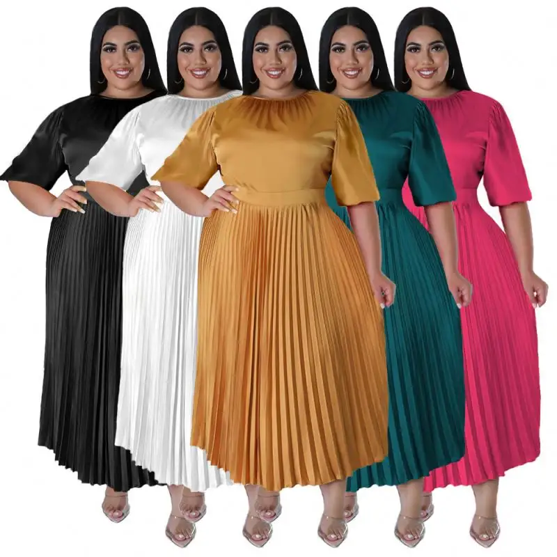 여름 플러스 사이즈 맥시 드레스 4xl 3xl 2xl xl 핫 판매 프레스 주름 라운드 넥 롱 버블 쇼트 슬리브 드레스