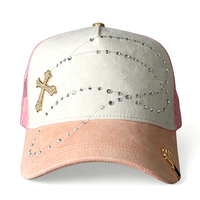 Gorra de Béisbol Unisex Ajustable de Alta Calidad con Diseño de Cruz con Pedrería, Visera Curva de Gamuza y Forro de Satén, Talla 14