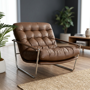 Sillón de Cuero Marrón Moderno, Respaldo Acolchado, Patas de Metal, Estilo Mid-Century, Muebles para Sala de Estar - Product Image 4