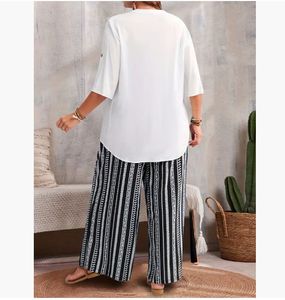 <span class=keywords><strong>Ensemble</strong></span> deux pièces pour femmes de <span class=keywords><strong>grande</strong></span> <span class=keywords><strong>taille</strong></span> de style européen et américain, comprenant un haut à col en V et un pantalon imprimé - Product Image 4