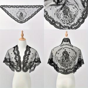 Luxe Noir Dentelle Vierge <span class=keywords><strong>Marie</strong></span> Motif Religieux Brodé Sheer Écharpe Triangle Église Châle pour Femmes - Product Image 5