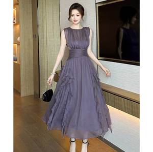 Abito estivo estivo da donna senza maniche Casual abiti lunghi in Chiffon con arricciatura viola - Product Image 1