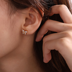 Butterfly <b>Stud</b> <b>Earrings</b> Gold Tone Zircon Inlay Party Fashion Jewelry - Product Image 4