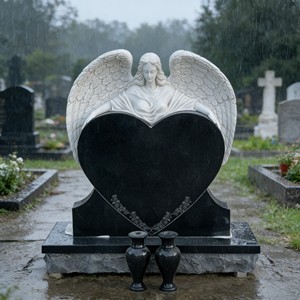 Китайские гранитные памятники из черного гранита в форме сердца, надгробия с резьбой и вазами - Product Image 3