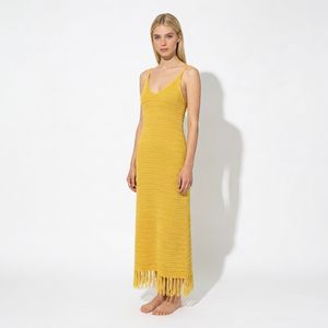 OEM ODM Robe longue d'été sans manches pour femme, en tricot bouclé crocheté, taille naturelle, infroissable, jacquard uni, à franges, style vintage décontracté - Product Image 3