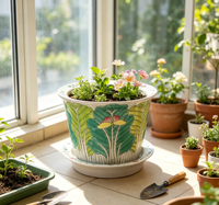 Pot de fleurs en céramique vintage Famille Rose avec soucoupe, motif chou et papillon, peint à la main, en porcelaine Bok Choy, pour la décoration intérieure
