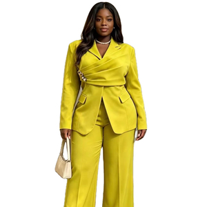 Completo da Ufficio Elegante a 2 Pezzi per Donne Curvy: Blazer Giallo Lime con Bottoni e Arricciature Traspirante e <span class=keywords><strong>Pantaloni</strong></span> a Gamba Larga - Product Image 1
