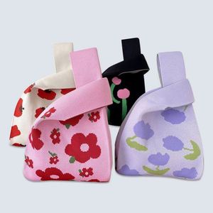 Cartoon Heart Floral Knitted Handbag Mini Wedding Personalized Gift Bag Knot <b>Wristlet</b> Crochet Tote Bag - Product Image 1