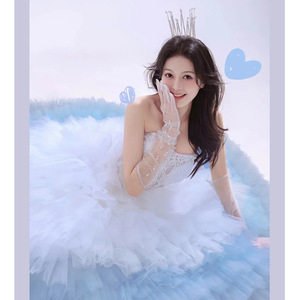 Blue Strapless Tulle Wedding Dress Empire Waist Ball Gown Sweet Princess Style Light Luxury Photography Outdoor Portrait - Product Image 4
