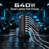 Chargeur de bureau GaN 640W avec écran, 8 ports 5C3A, 140W PD3.1 Vitesse maximale, MacBook Pro, ordinateur portable de jeu, iPad, iPhone